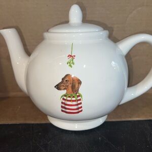Rae Dunn White Teapot with Festive Dachshund Design